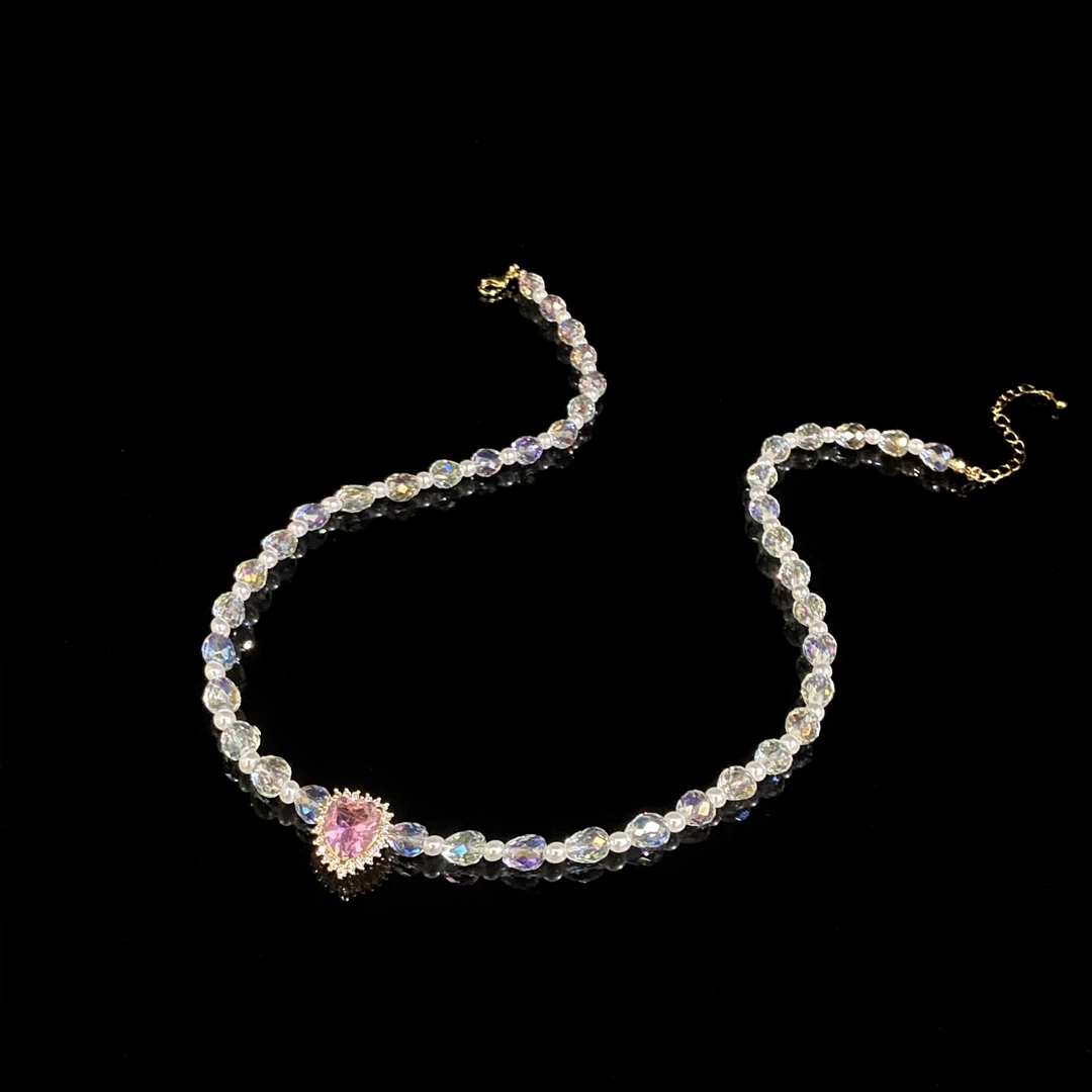 铜合金仿水晶项链  百搭粉色爱心项链X6296