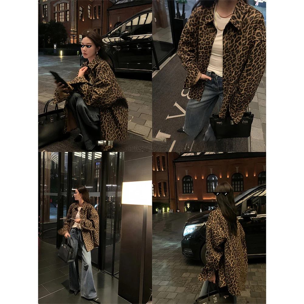 【豹纹回潮 雅痞髙阶】美式复古外套宽松夹克长袖小众中长款ins