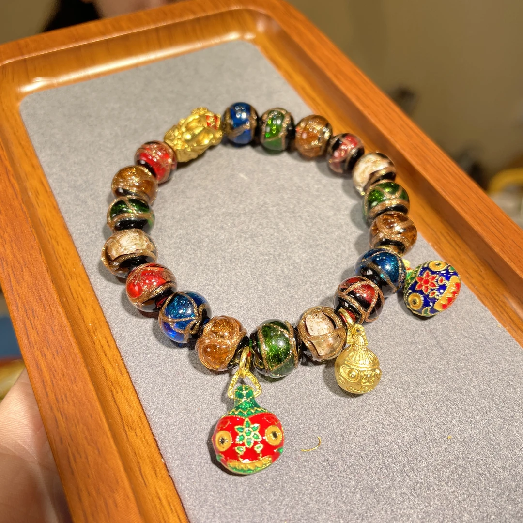 合金手链 SANXUN/古法貔貅琉璃珠手链手串烧蓝素款手工五彩