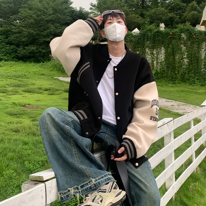 美式复古拼接棒球服男秋冬季高街字母外套潮牌宽松百搭情侣夹克潮