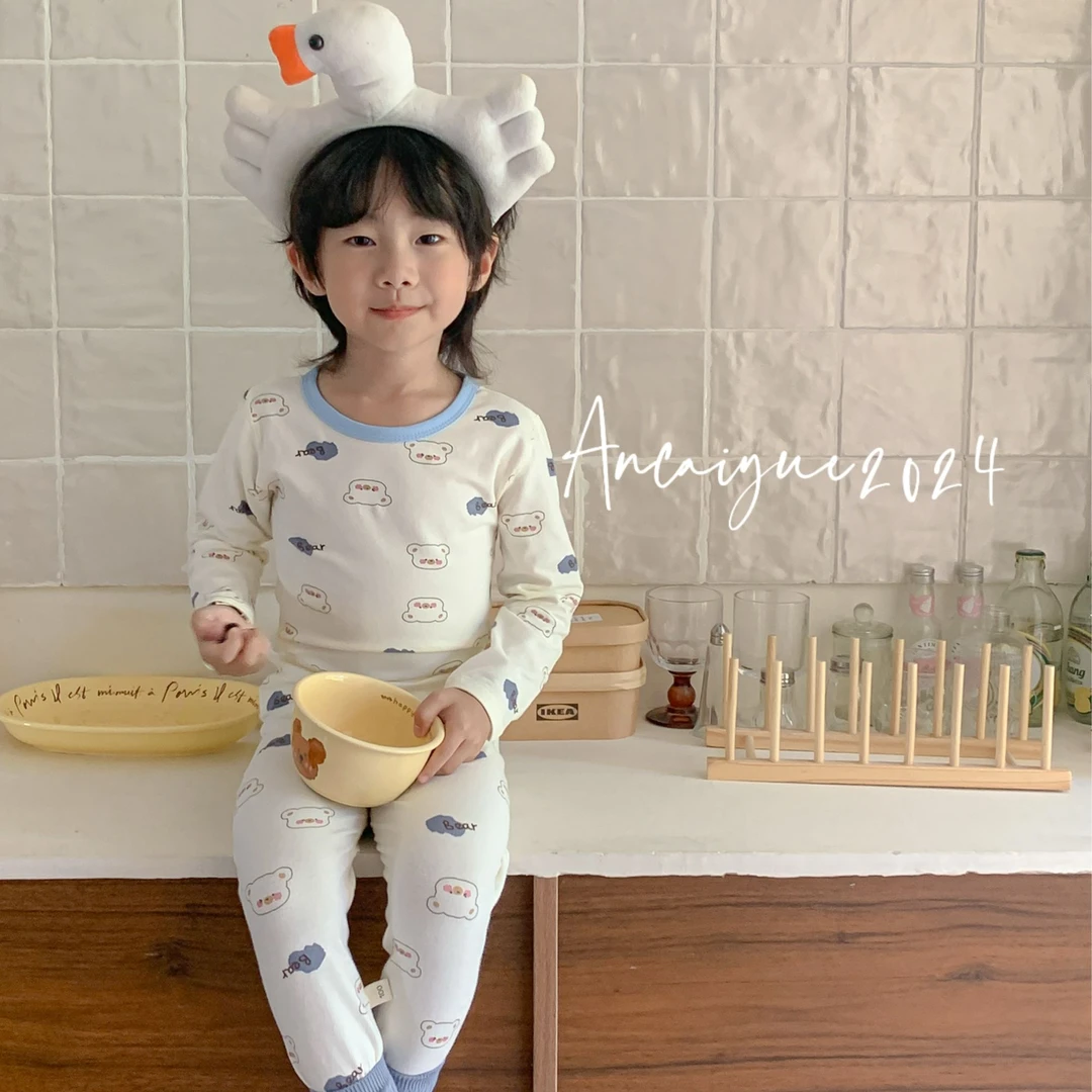 儿童纯棉莱卡无骨套装男童女童卡通秋衣秋裤长袖睡衣家居服AT101