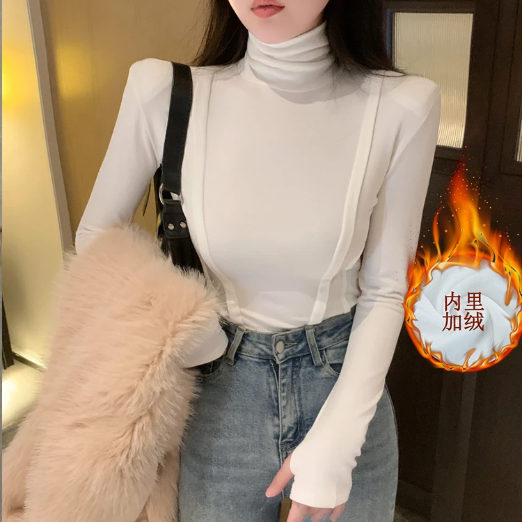 洋气保暖加厚内搭t恤打底衫女秋冬修身紧身白色体恤简约高领上衣