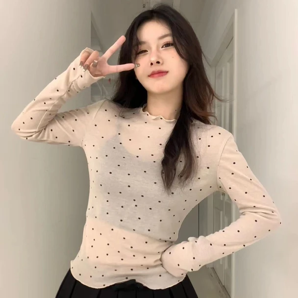 波点打底衫T恤春夏季设计感修身显瘦长袖2024年新款薄款防晒上衣