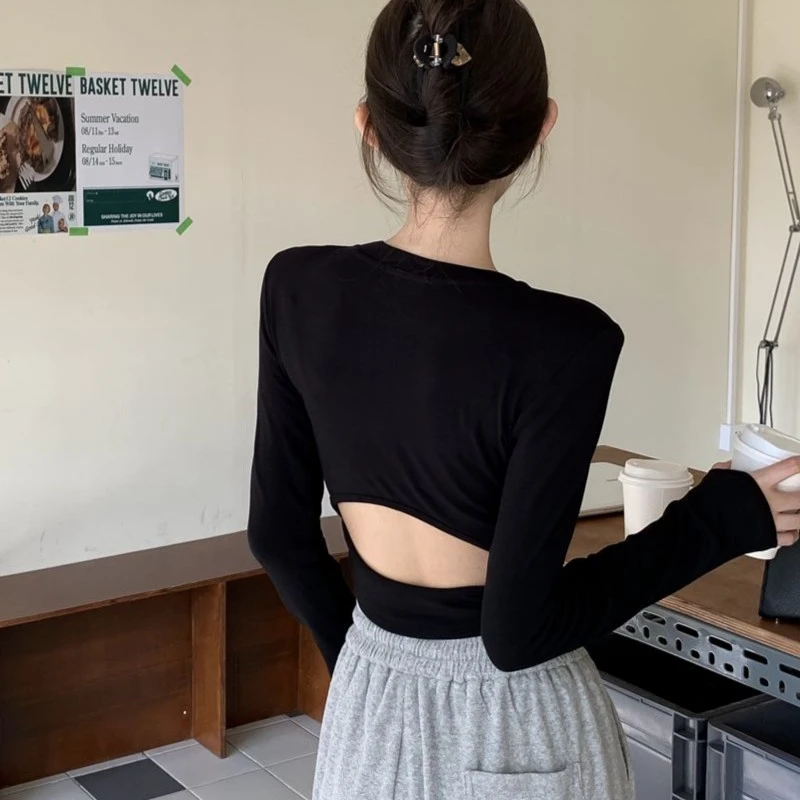 镂空短款露背T恤女装黑色圆领网红小个子长袖辣妹内搭紧身打底衫