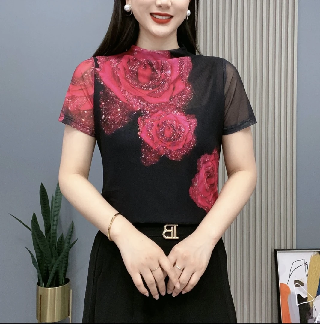 2024夏新款短袖半高圆领时尚百搭气质洋气修身花色显瘦打底上衣