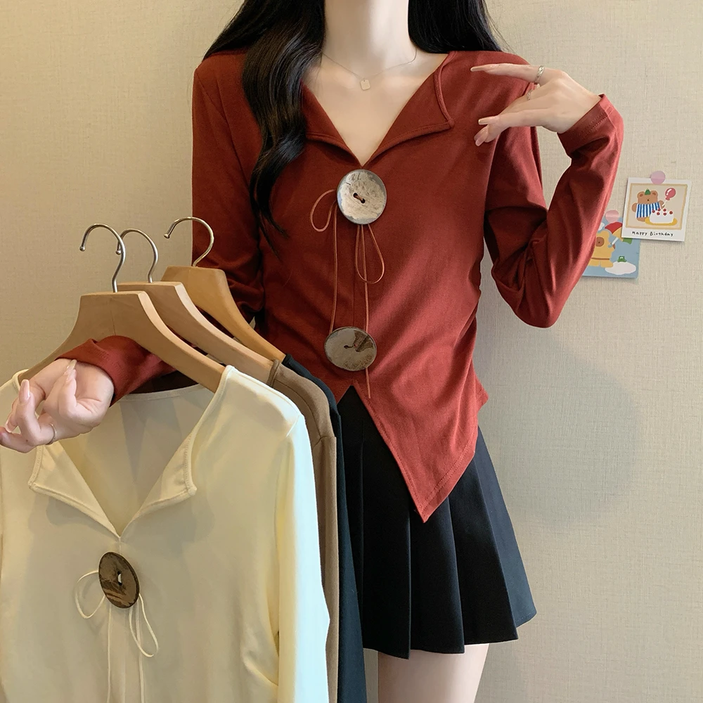 2024新款秋季大码女装长袖翻领打底上衣修身开衫显瘦百搭设计感