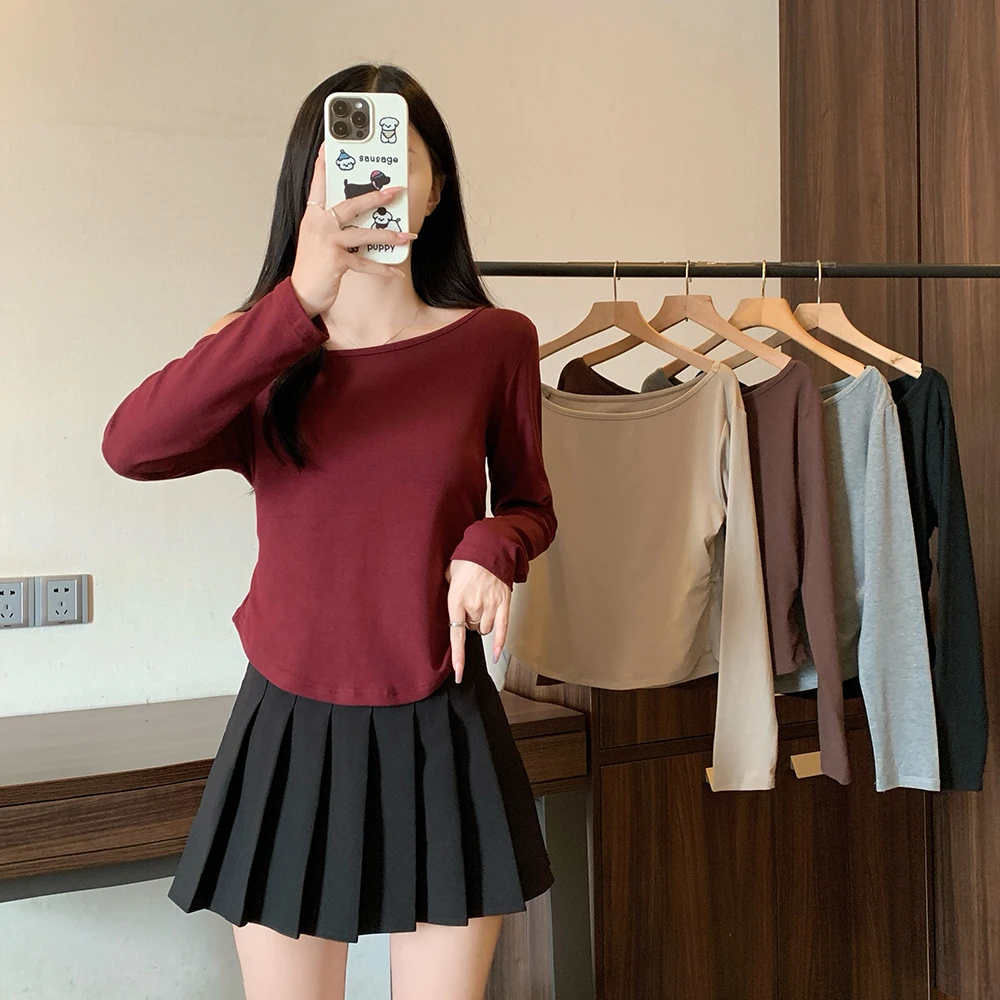 实拍 现货 实价2024秋季新款大码女装长袖一字领内搭打底T恤上衣