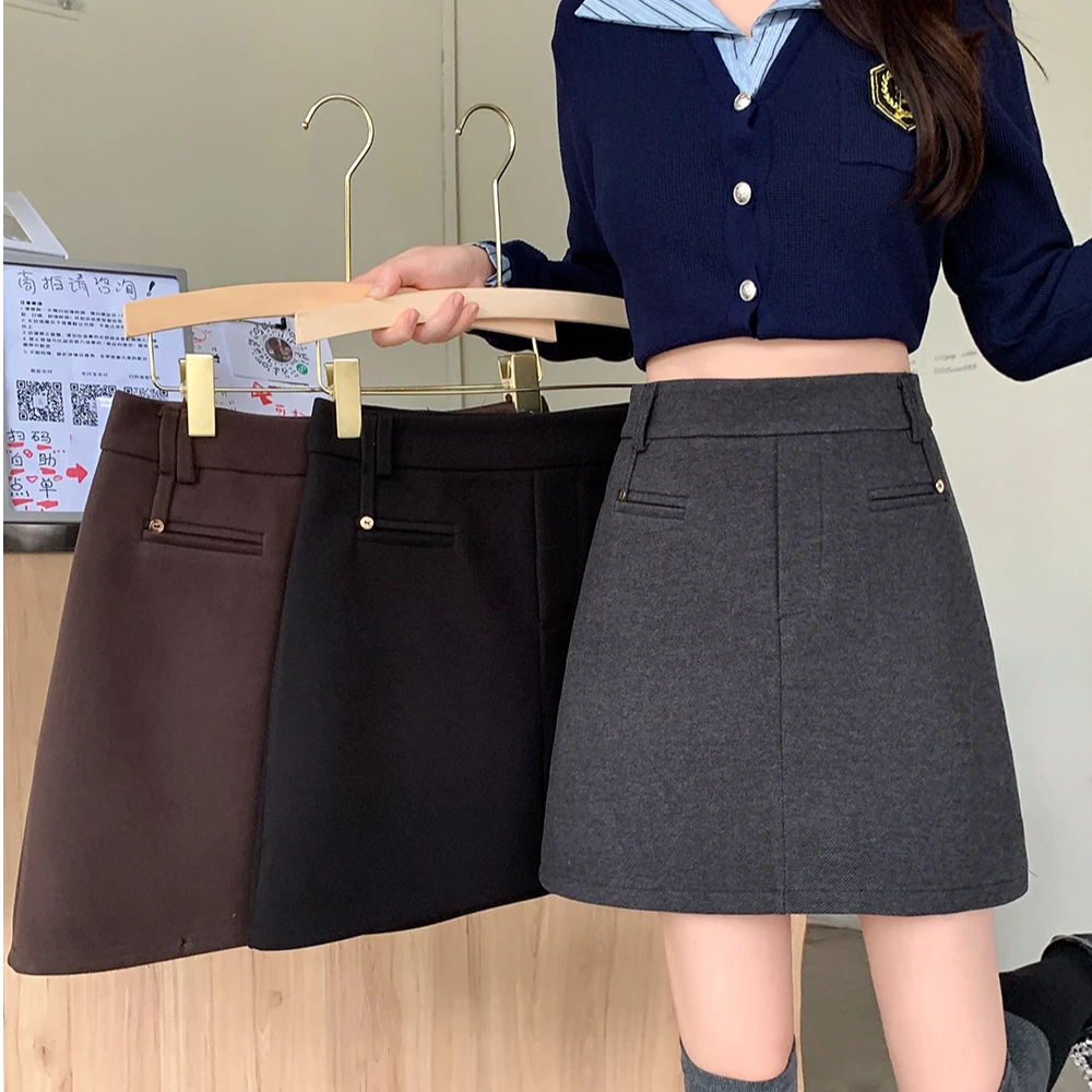 加厚毛呢保暖秋冬新款高腰显瘦短款A字裙西装半身裙大码女装