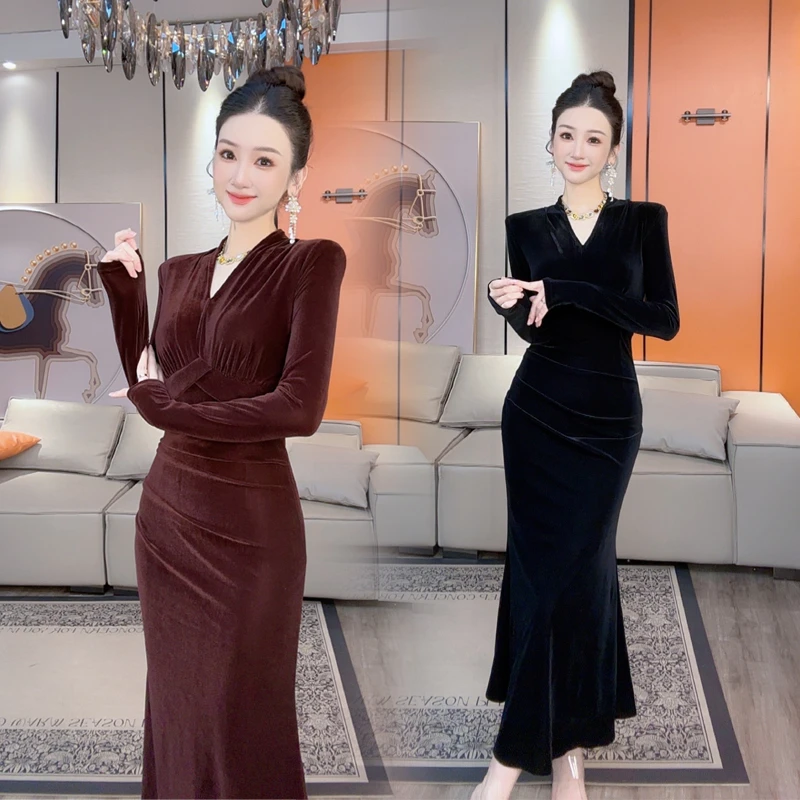 【小茵家】简约气质收腰包臀鱼尾丝绒连衣裙女神款显身材