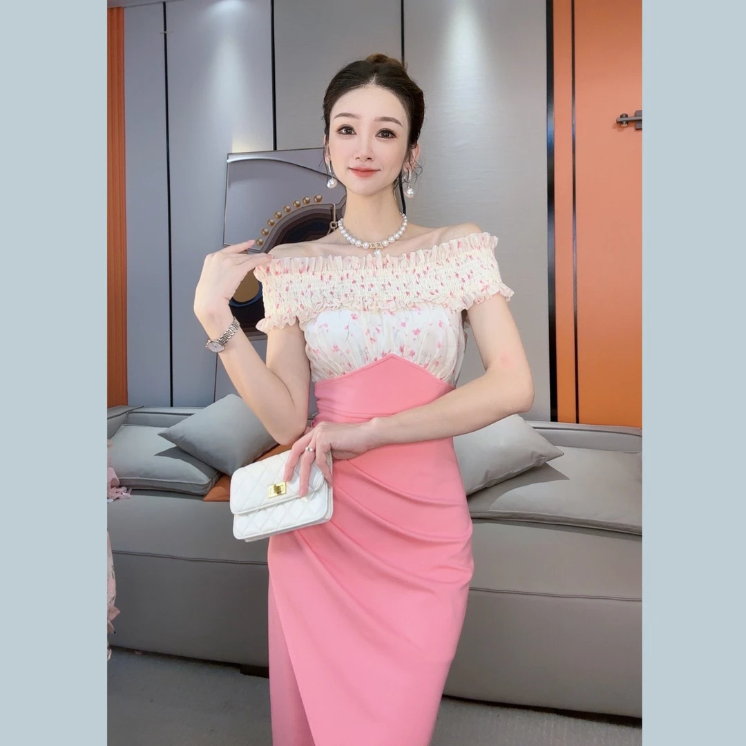 【小茵家】夏季小女人气质一字领碎花拼接高腰修身包臀连衣裙