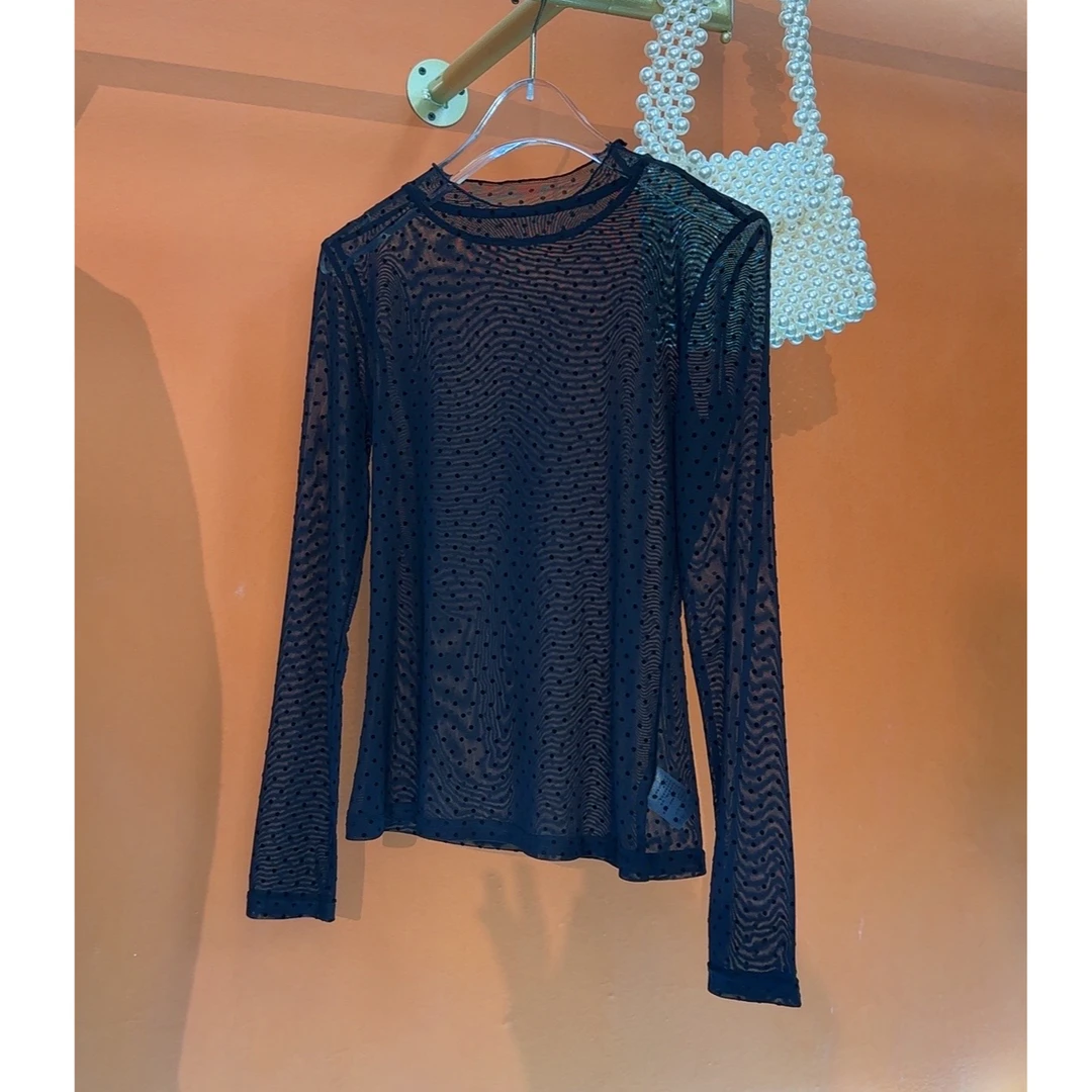 【小茵家】秋冬百搭打底植绒波点透视纱衣打底衣上衣紧身