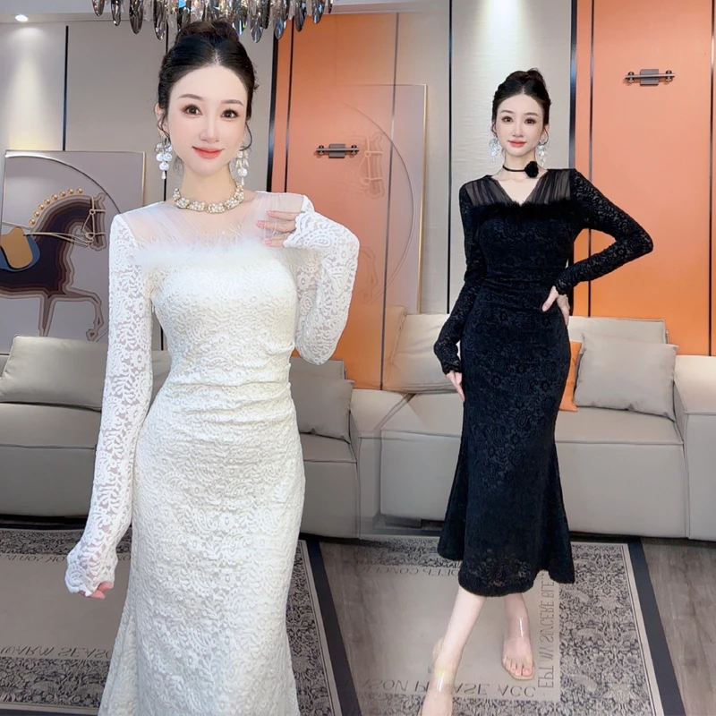 【小茵家】早秋植绒蕾丝修身弹力包臀鱼尾连衣裙羽毛装饰显轻奢