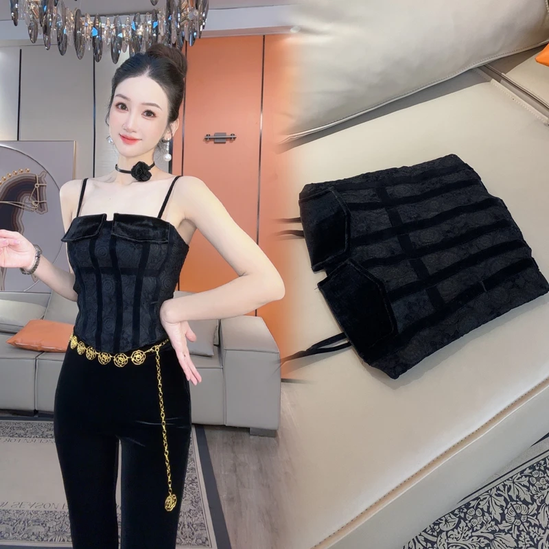 【小茵家】秋冬百搭打底蕾丝吊带小背心上衣拼接绒面