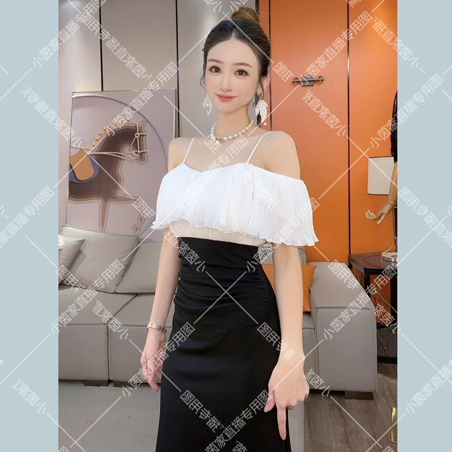 【小茵家】吊带露肩百褶修身包臀鱼尾连衣裙小众轻奢