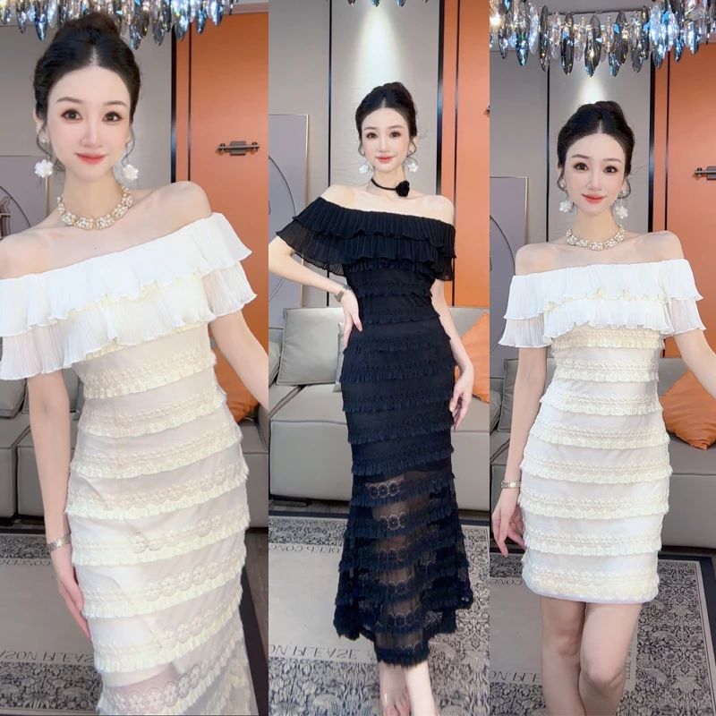 【小茵家】夏季清凉一字领蕾丝鱼尾时尚显瘦连衣裙女神款仙仙