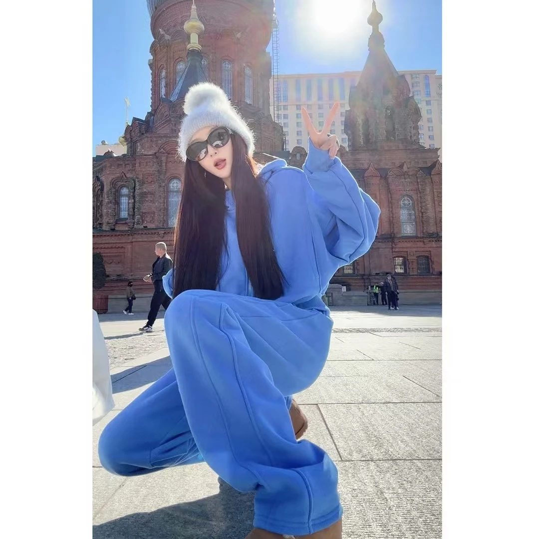 2024秋冬盐系多巴胺欧美街头加绒加厚时尚休闲连帽慵懒风运动套装