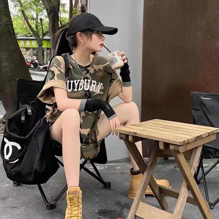 夏季显瘦美式潮流韩版时尚字母印花宽松休闲百搭迷彩上衣短袖T