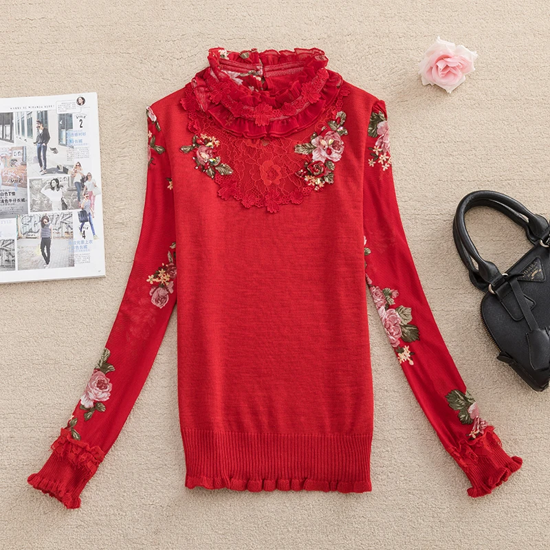 89C15漫璐亚迪秋冬新款上衣针织衫修身套头蕾丝拼接打底毛衣