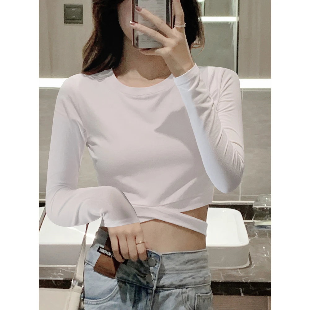 短款露肚脐白色长袖t恤女春修身爵士舞设计感纯棉打底衫辣妹上衣