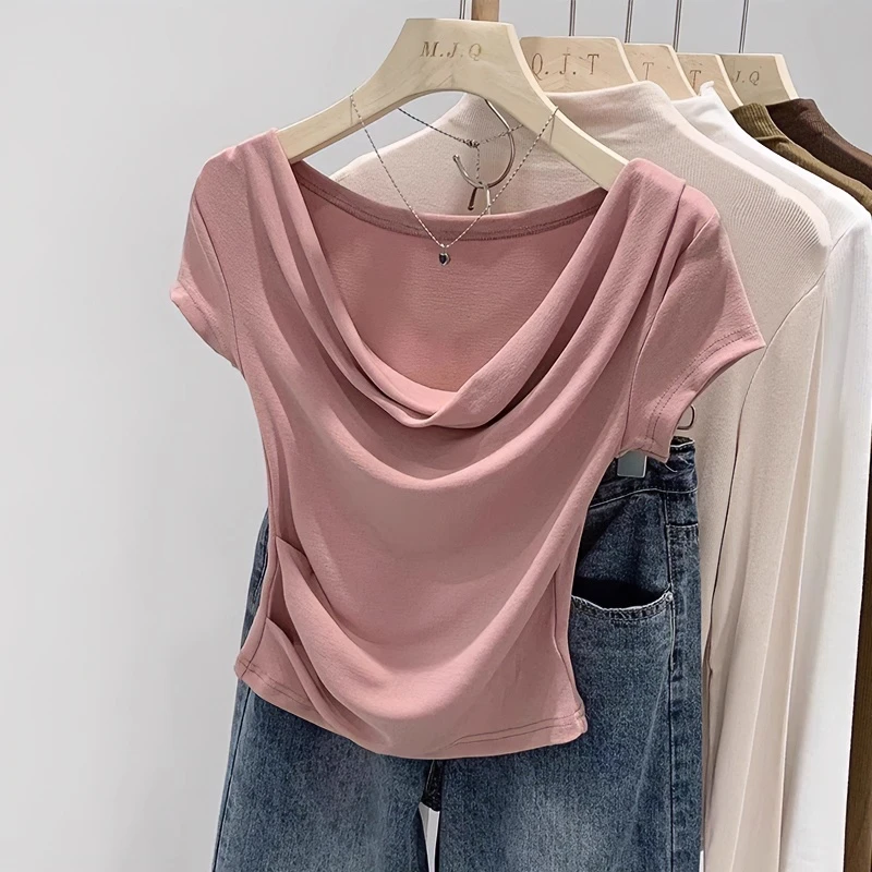 美式辣妹一字肩荡领T恤女2025夏季小众设计感短上衣时尚粉色短袖