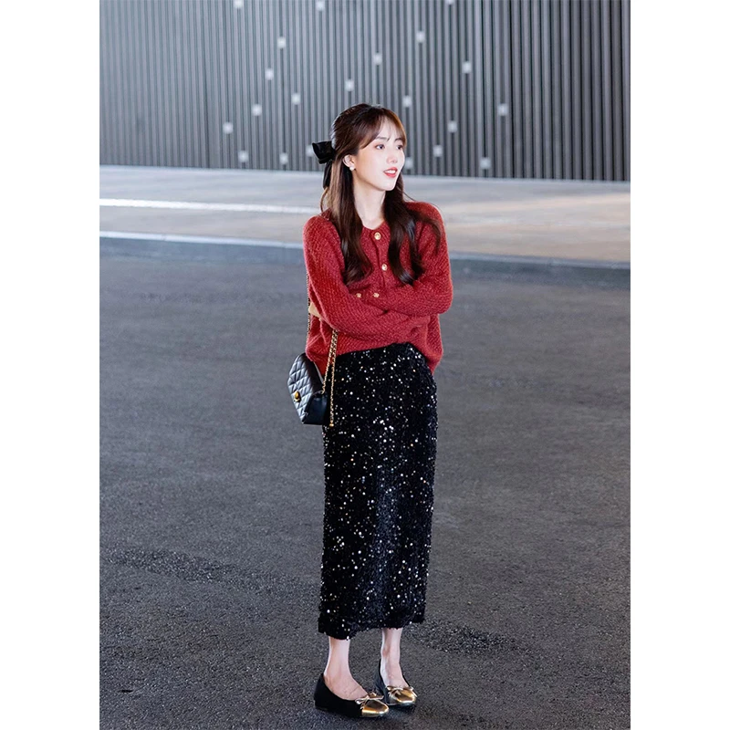 黑色亮片半身裙女小个子秋冬季珠片丝绒包臀长裙亮闪闪高腰a字裙