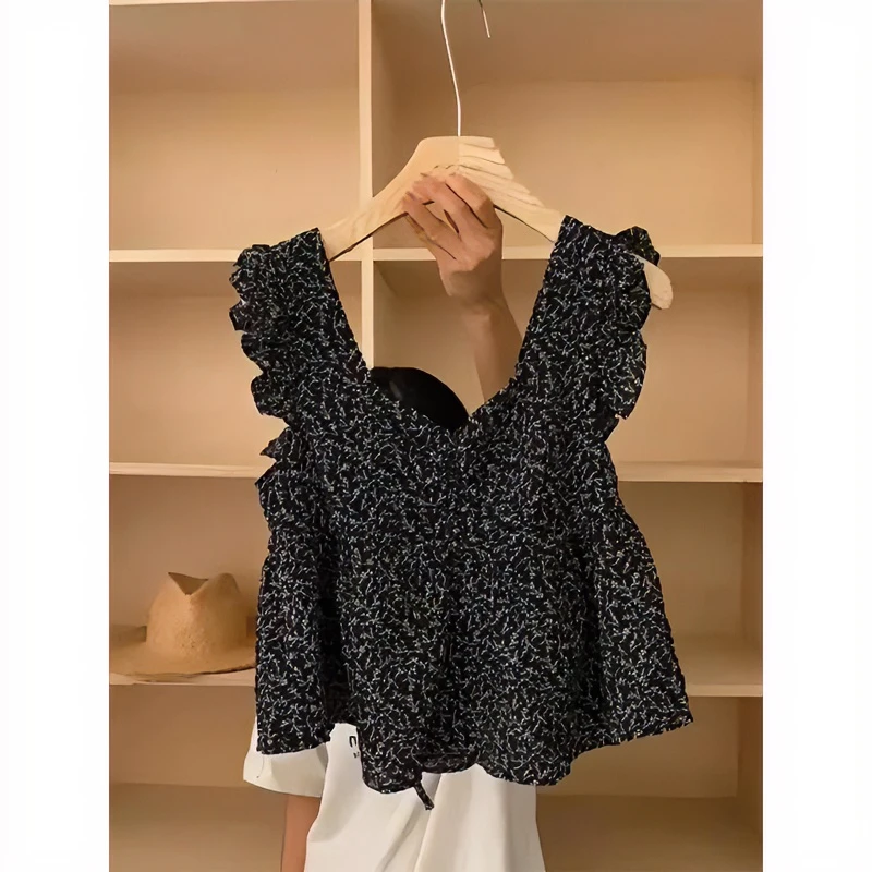 法式甜美高级感黑色气质衬衫女短款夏季时尚小众碎花小飞袖上衣