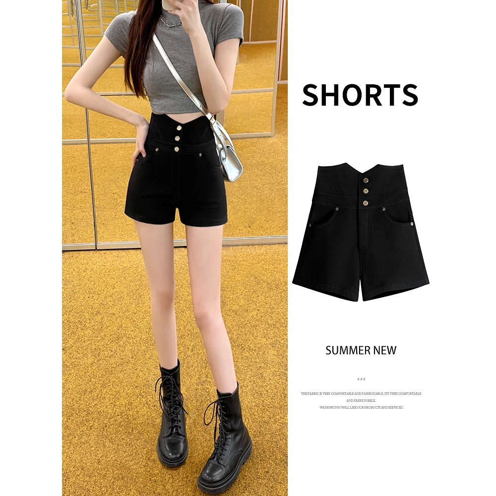 高腰短裤女夏季2025新款a字显瘦小个子紧身弹力辣妹女团黑色热裤
