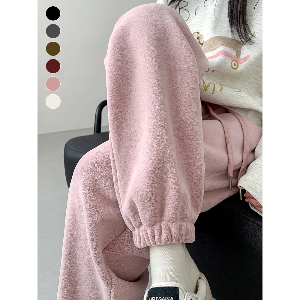 粉色加绒运动裤女秋冬加厚外穿保暖摇粒绒棉裤小个子哈伦束脚卫裤