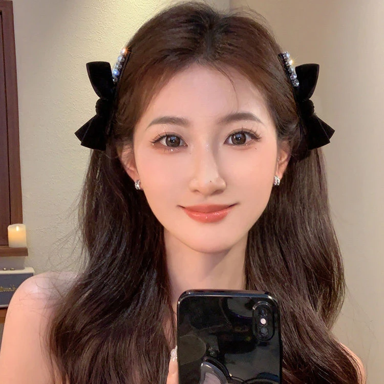 非金属发饰 闪钻丝绒黑色蝴蝶结发夹女2025新款后脑勺公主头气质