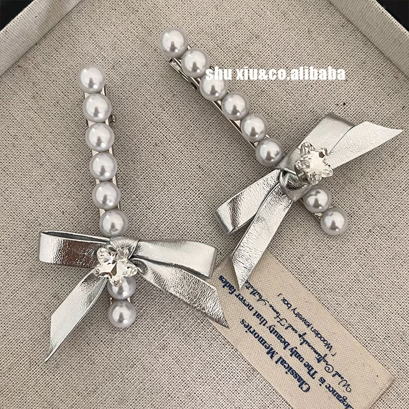 银色皮质蝴蝶结珍珠发夹边夹鸭嘴夹ins韩系少女发卡刘海夹发饰品~