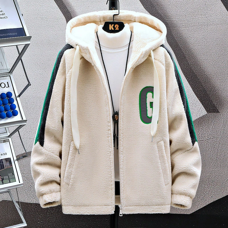 秋冬新款外套男颗粒绒加棉加厚青少年学生时尚休闲百搭连帽上衣男