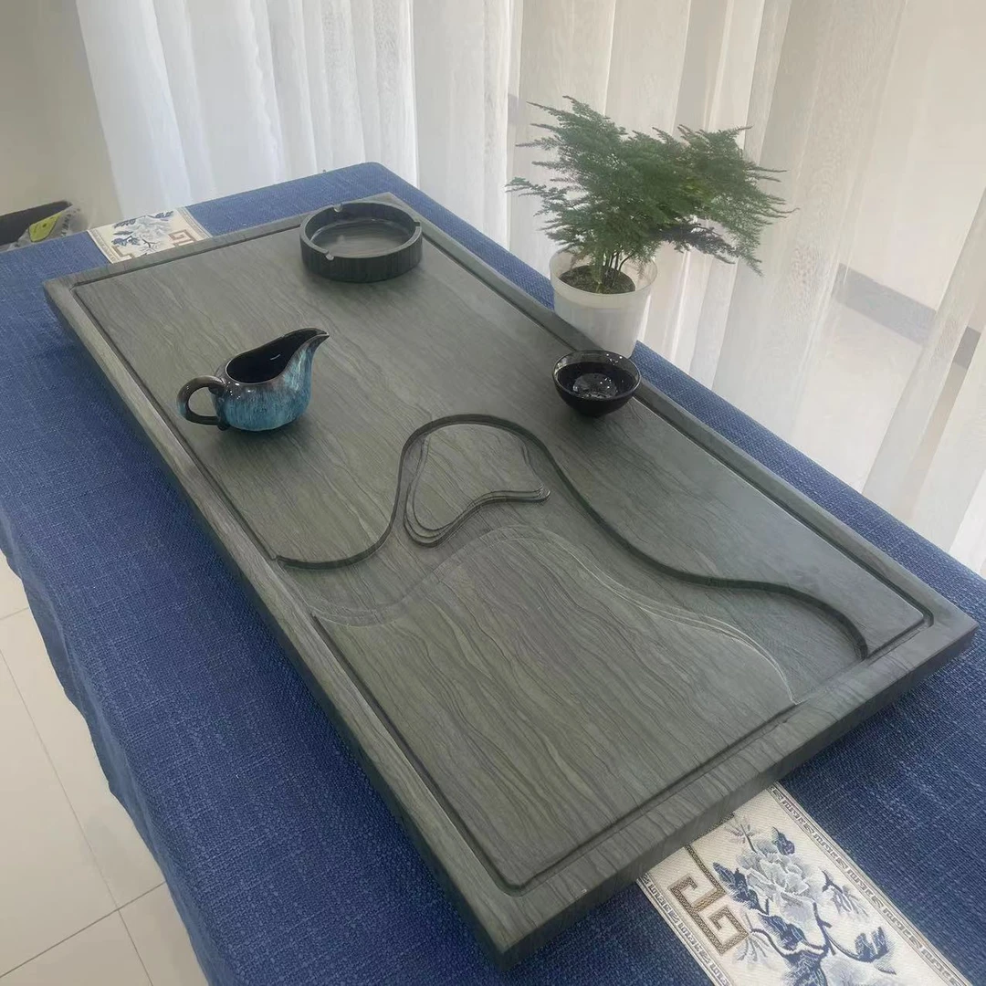 天然石茶盘绿木纹行云流水款立体雕刻家用办公功夫茶盘茶台茶几