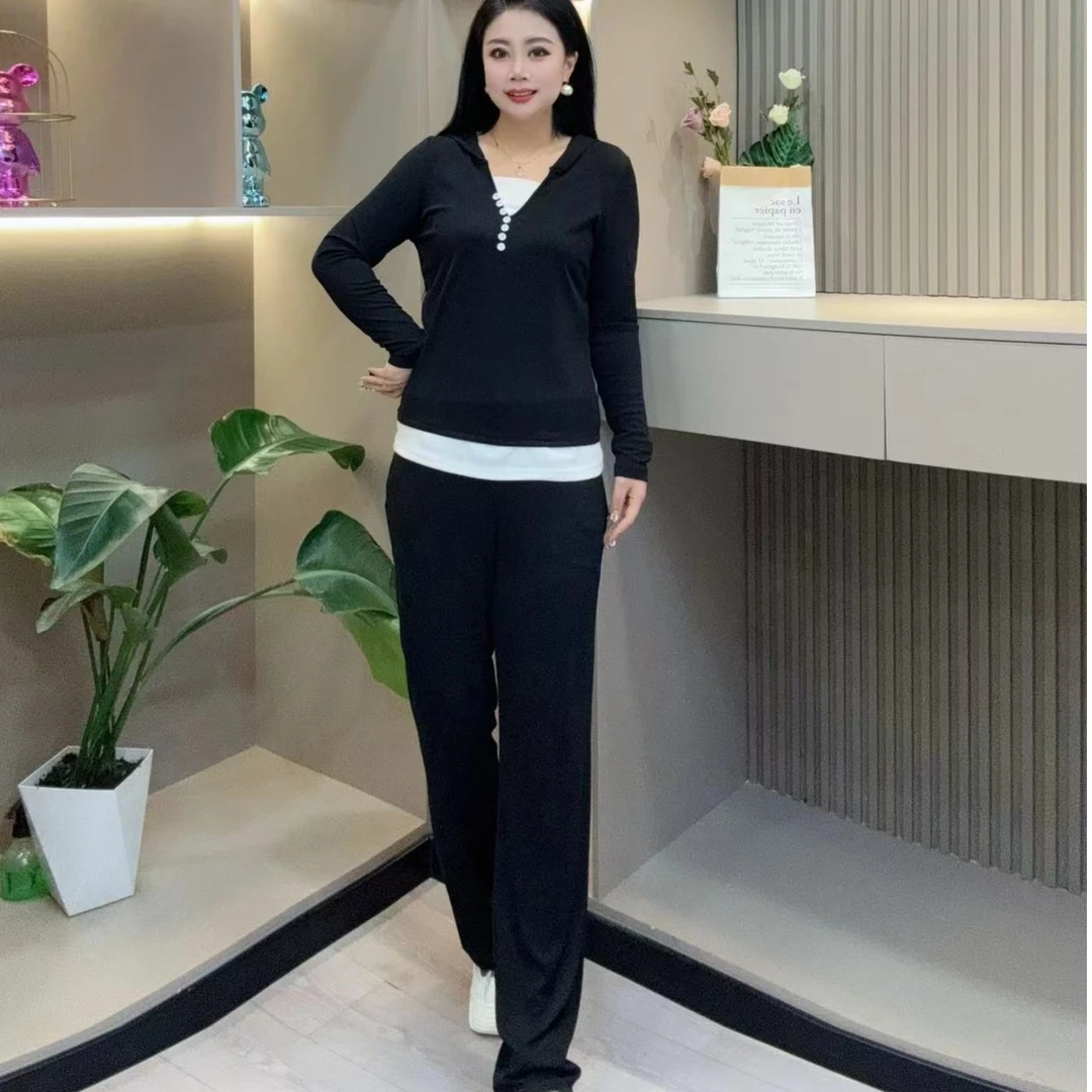 时尚两件套-甜 3326洋气连帽休闲舒适百搭运动款胖MM大码女装新款