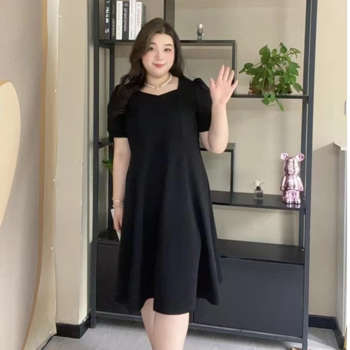 时尚连衣裙-娃 洋气赫本法式舒适黑色收腰百搭夏季款胖MM大码女装