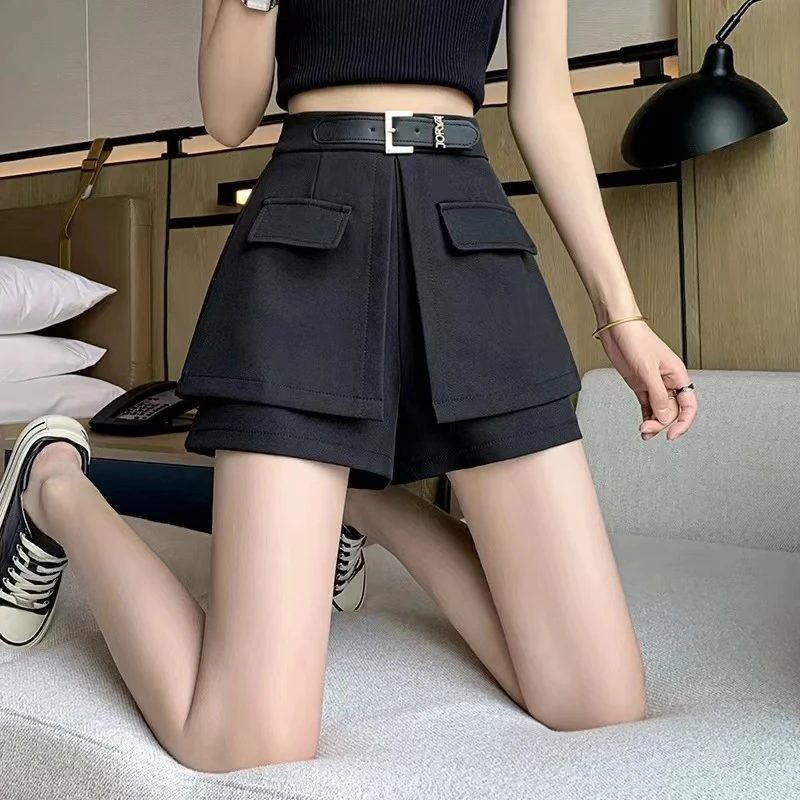 设计感假两件裙裤女春季黑色西装短裤小个子高腰显瘦阔腿裤裙