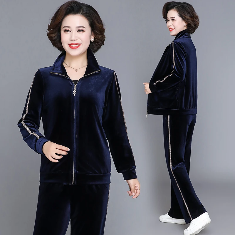 中年妈妈秋装外套洋气上衣中老年人金丝绒运动服套装女春秋两件套