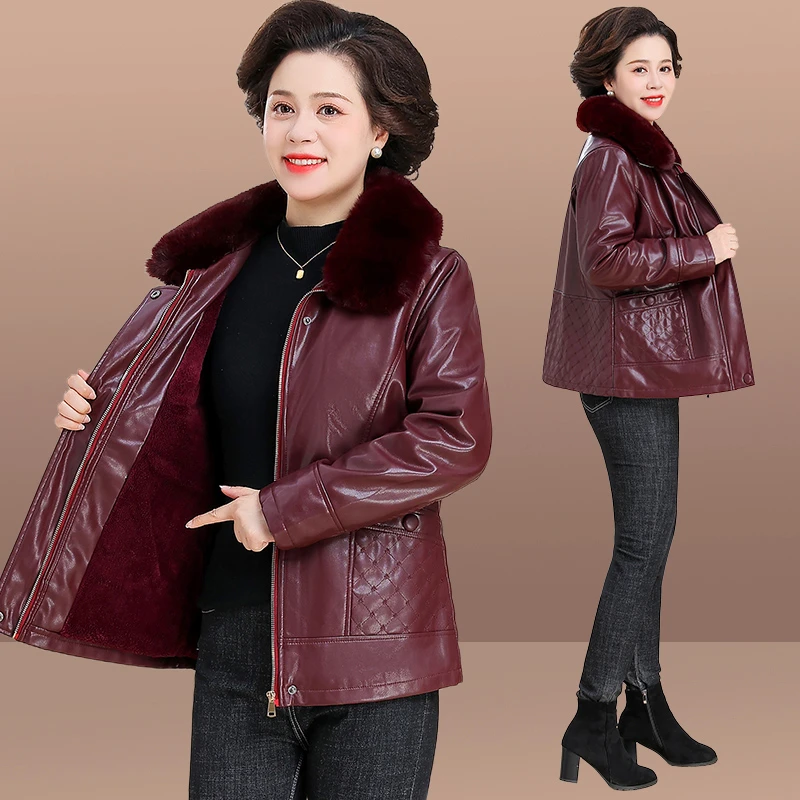 皮外套时尚大码妈妈装短款中老年中年加绒老年人加厚保暖秋冬冬季