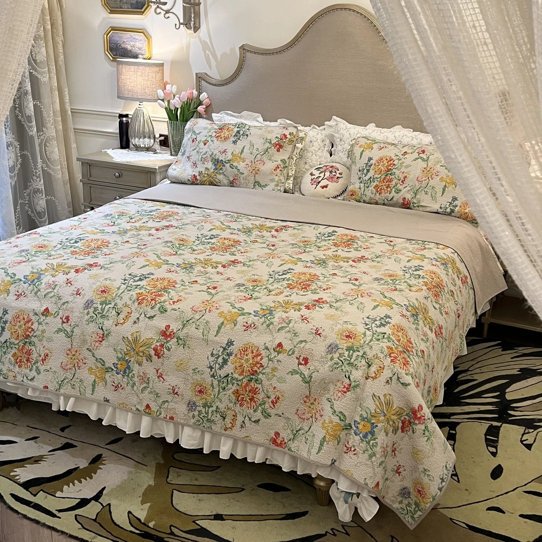 【主播推荐】全棉大花卉床盖三件套四季通用款床上铺盖加厚床单