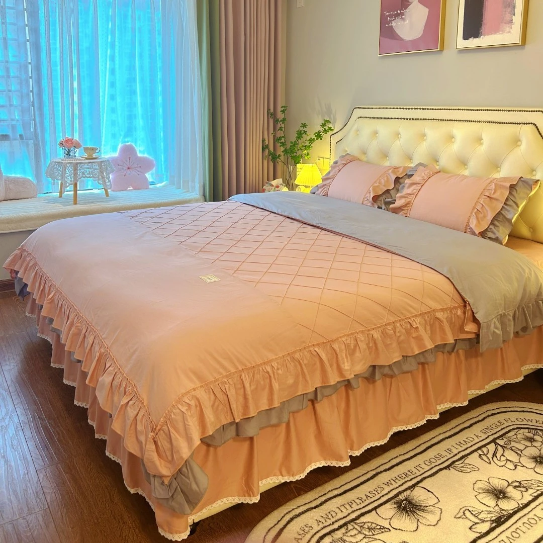 【真珍严选】2023新款全棉韩版淑女风床品纯色立体工艺床裙四件套