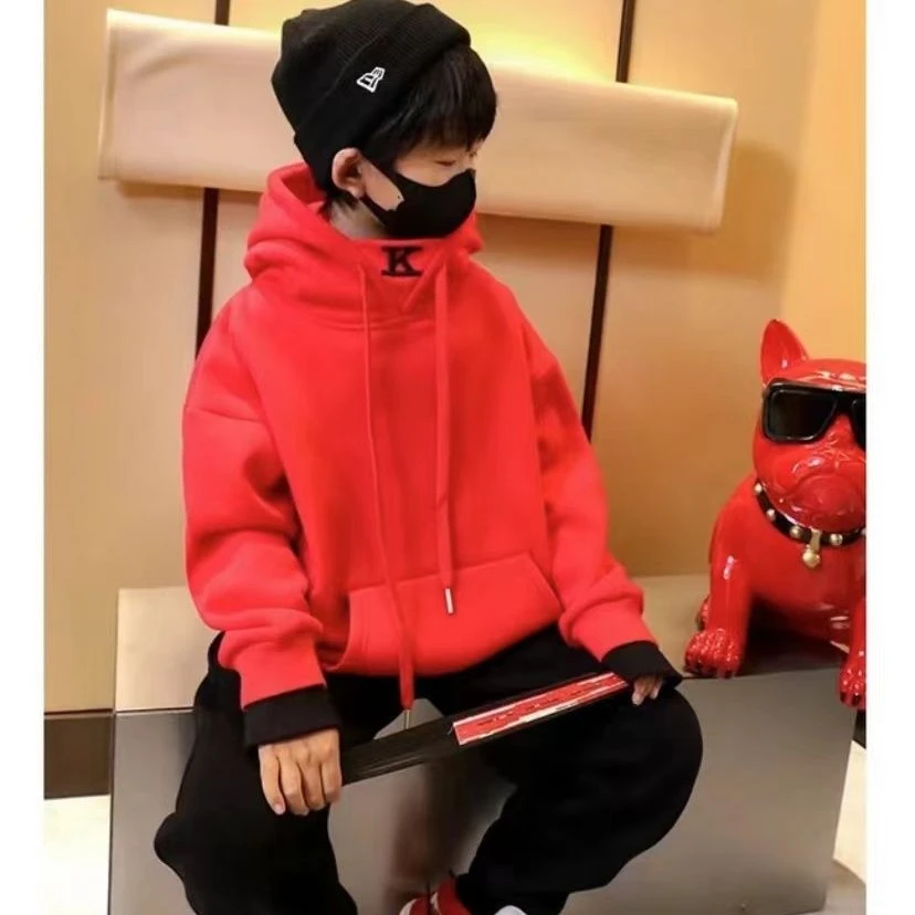 2024冬季红色男童儿童加绒加厚连帽卫衣中大童新年喜庆高领上衣潮