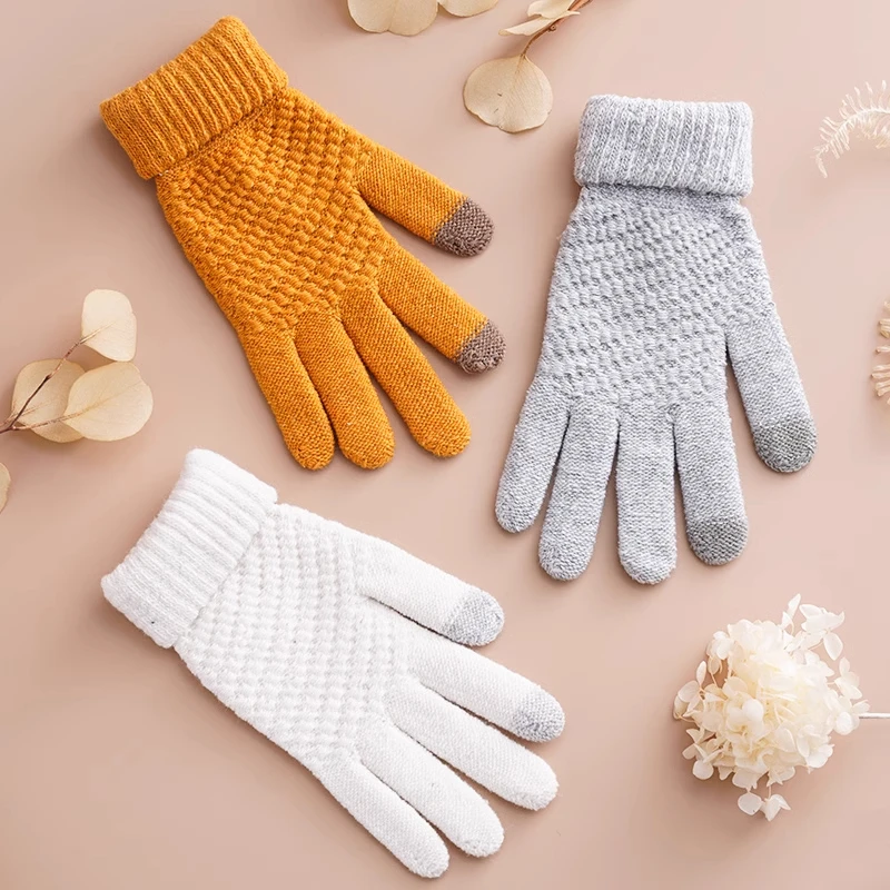 男女士秋冬季加绒加厚保暖防寒户外骑行毛线针织手指新款触屏手套