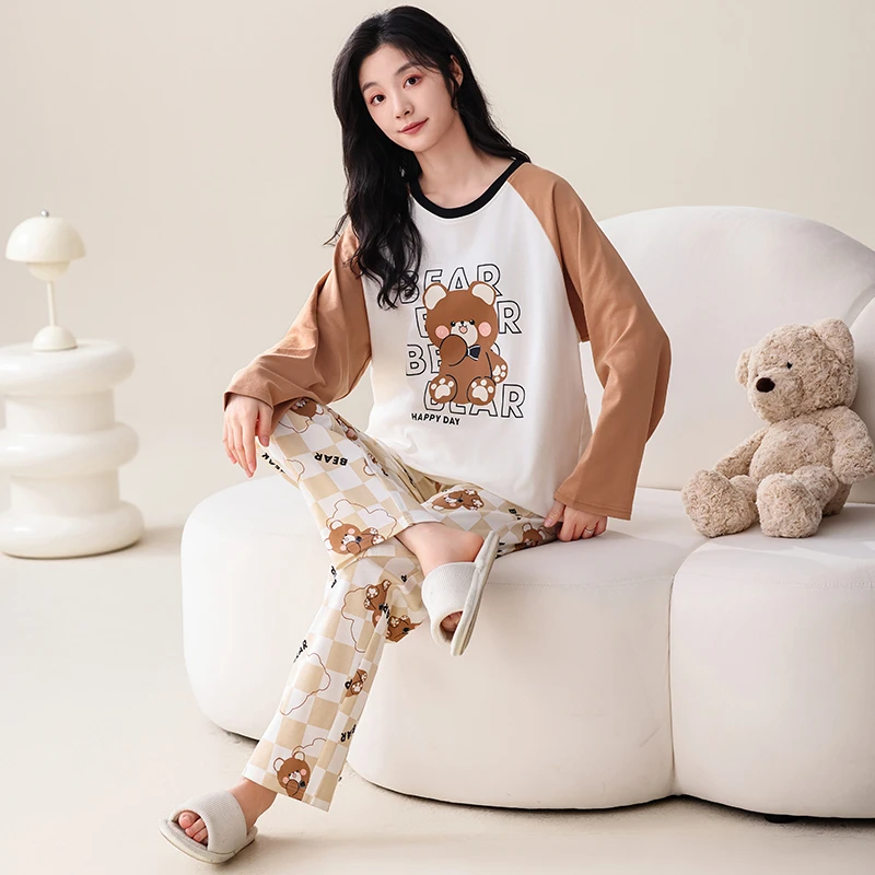 纯棉长袖睡衣女士春秋款秋冬季学生休闲宽松大码松紧口套装印花芊