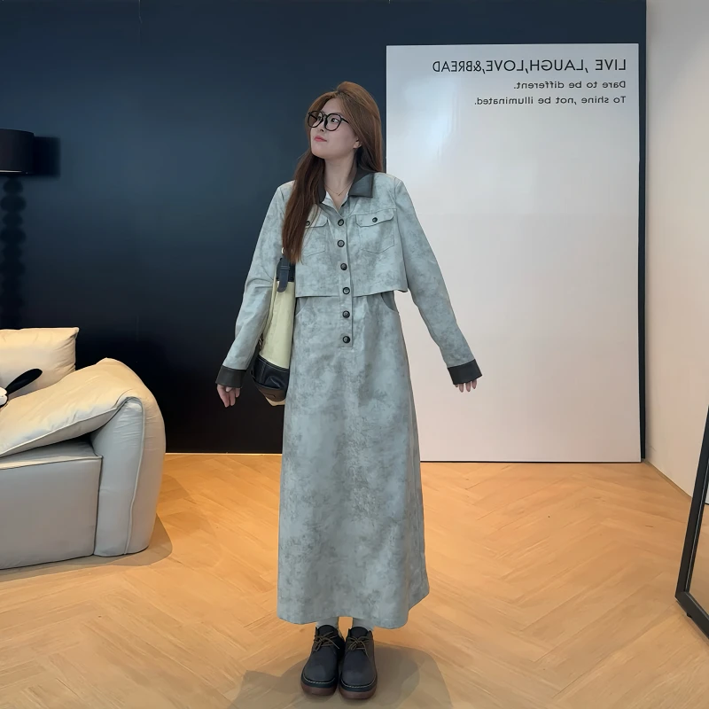 盈盈&南岛风大码女装连衣裙春秋显瘦胖mm拼皮假两件长裙子ZYY1041