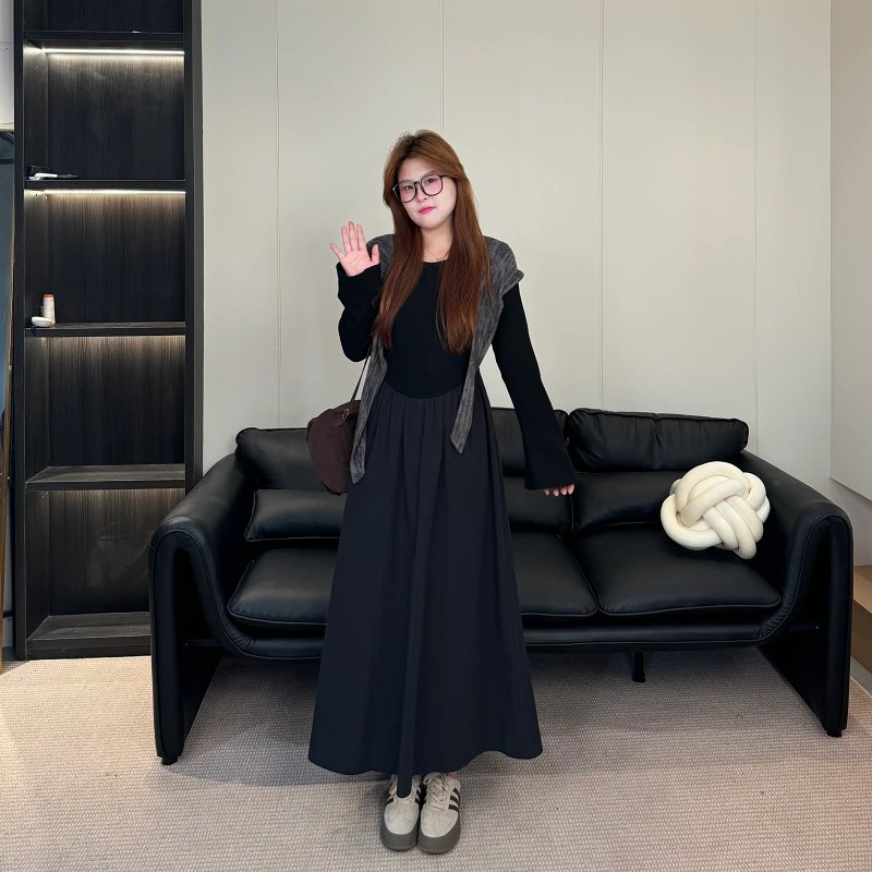 敏敏&南岛风大码披肩连衣裙女春秋胖mm设计感拼接宽松长裙ZYY1037