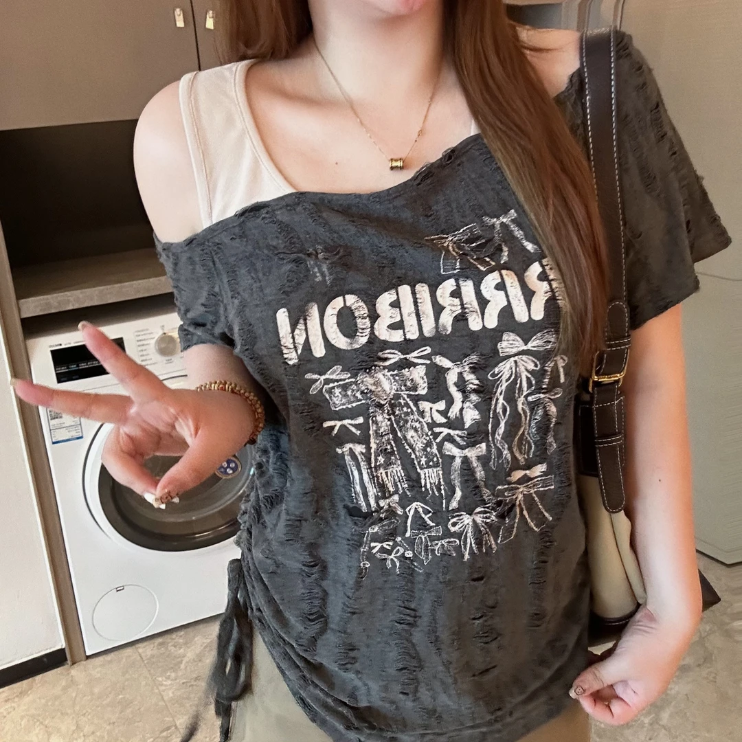 维维&南岛风2025新款夏季胖mm微胖漏肩大码短袖T恤女装上衣ZWW77