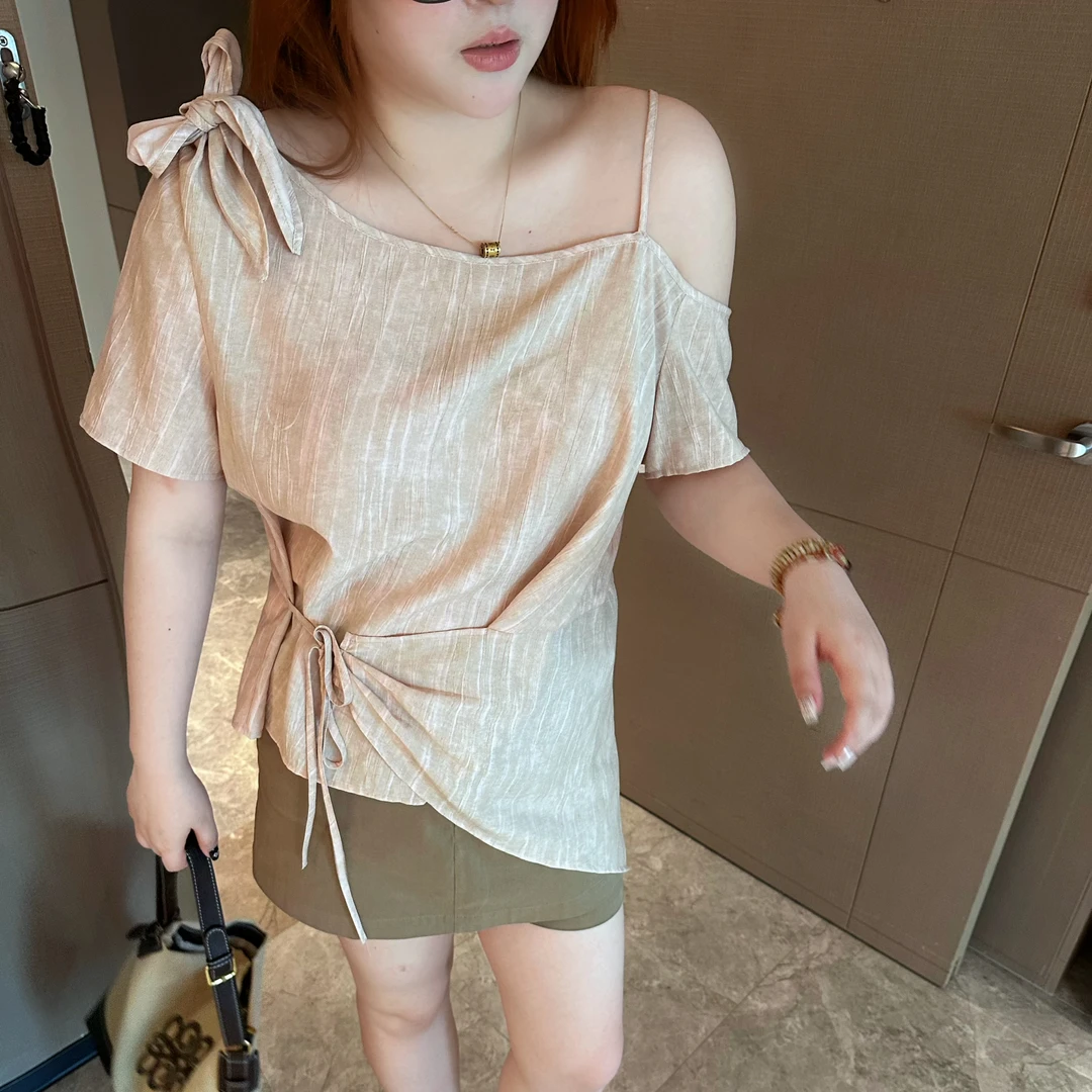 维维&南岛风2025新款夏季胖mm微胖漏肩大码短袖T恤女装上衣ZWW152