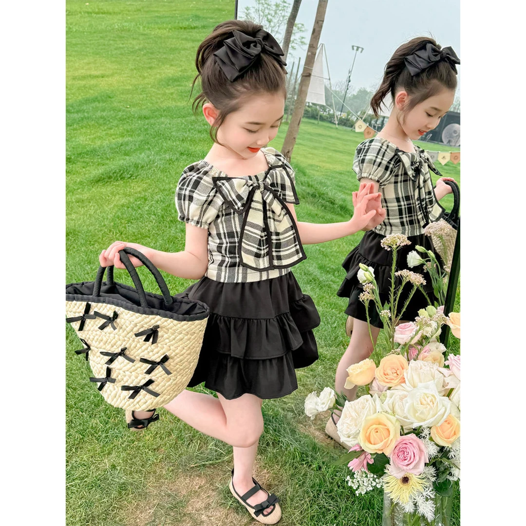 【24夏季新款】女童韩版蝴蝶结格子短袖时髦黑色蛋糕半裙宝宝科学