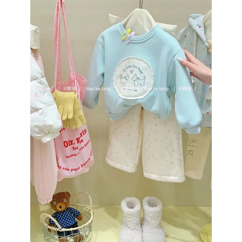 （no退no换）儿童蓝色贴布卫衣套装2024秋冬新款韩版童装女童