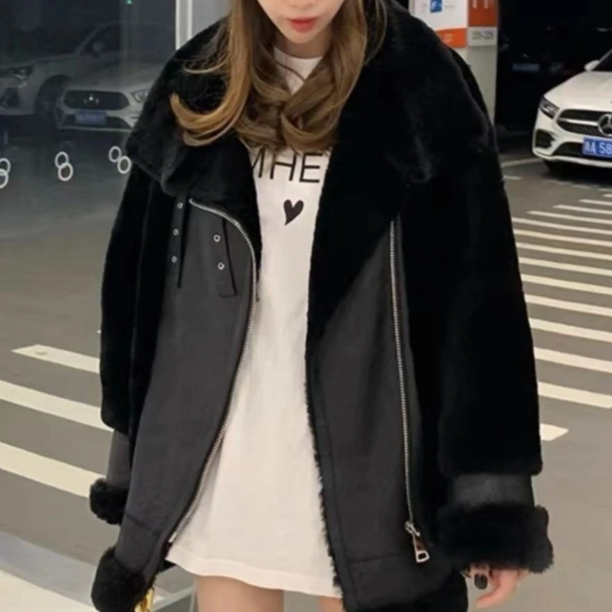 【一体】海宁机车中长款冬季翻领羊毛一体外套女装时尚黑色PM413