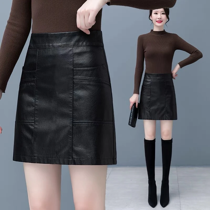 SHIMEISHAER/诗美莎尔 皮裙半身裙A字高腰黑色修身显瘦皮裙PU101
